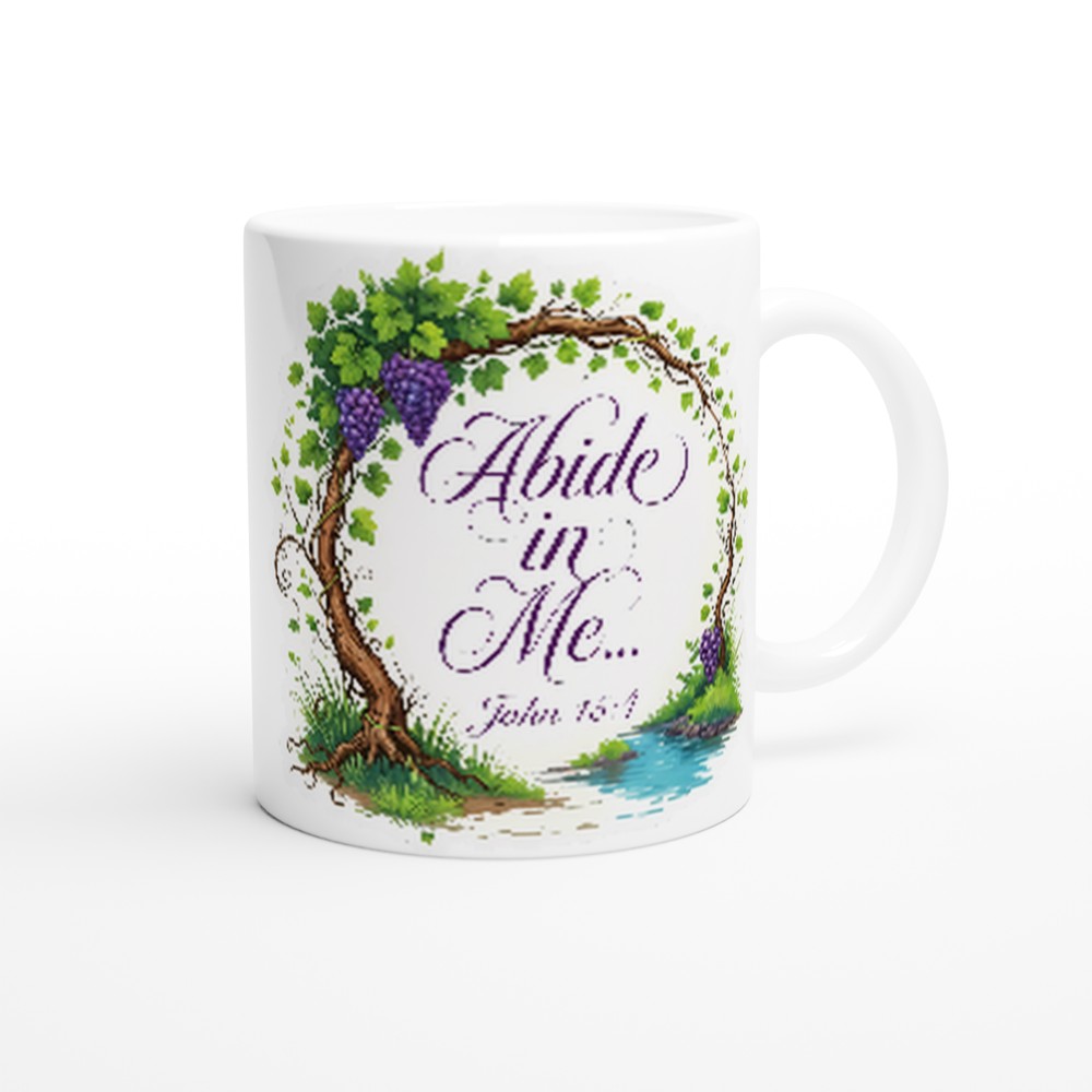 Start your day rooted in faith with the Abide in Me mug. A simple yet powerful reminder from John 15:4 to stay connected with Christ in every moment. Perfect for coffee, tea, or quiet devotion time.